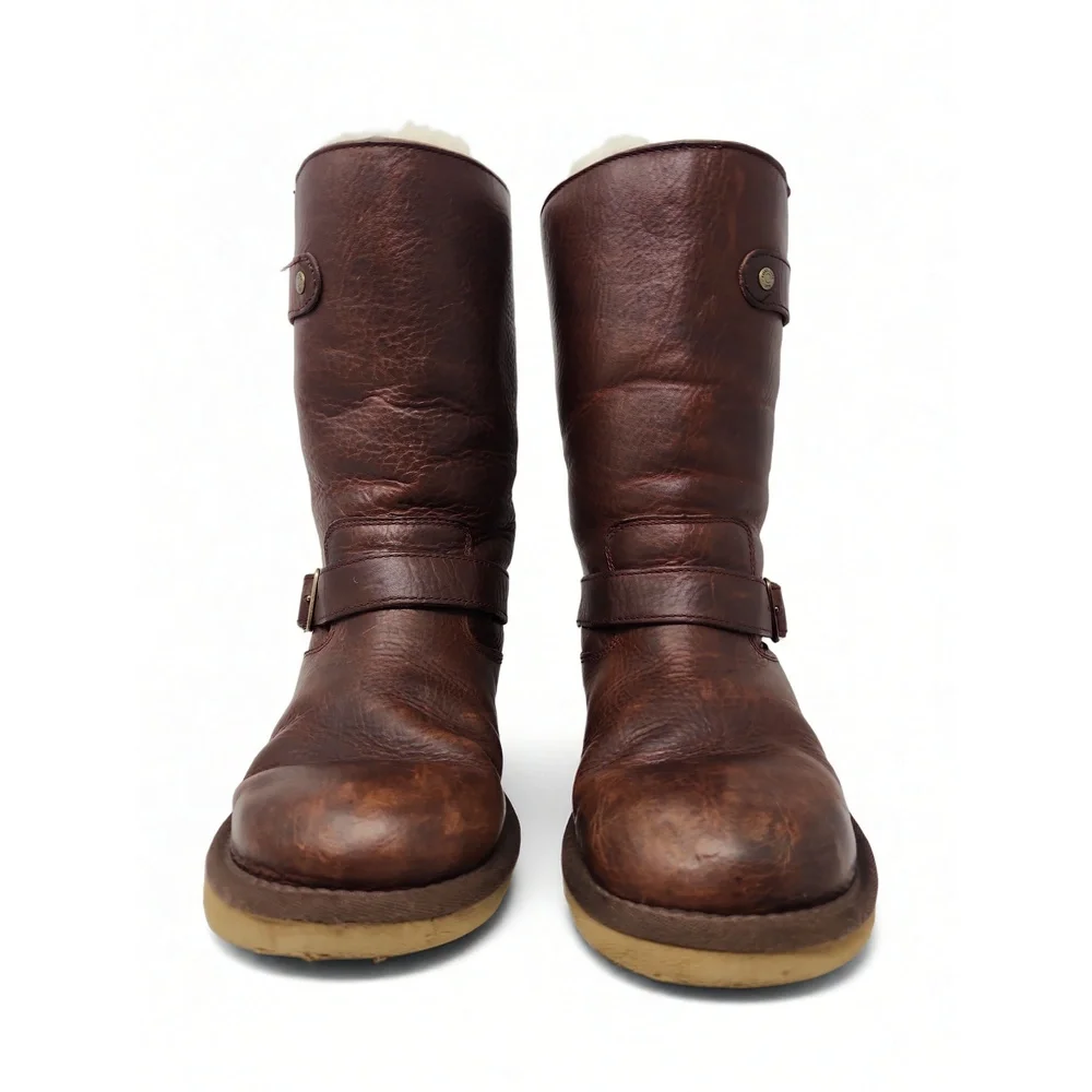 UGG Kensington Leather Boots Size 6 Buckle Strap Shearling Lined Winter Mid Calf